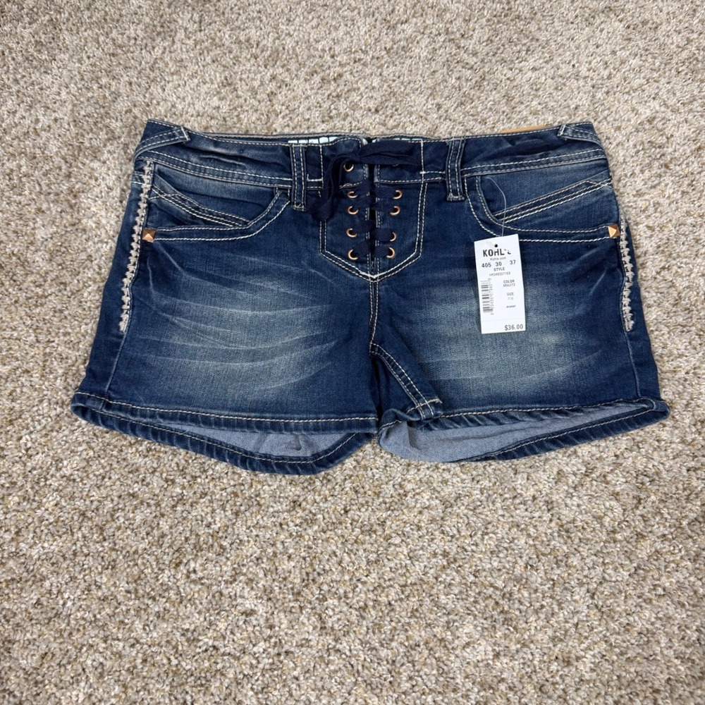 Hydraulic Bailey LowRise Denim Shorts Size 7/8 Lace Up Y2K Stretch Dark Wash NWT